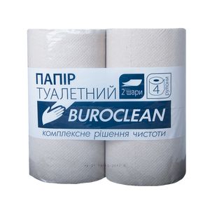 Папір туалетний макулатурний "Buroclean", 4 рулона, на гільзі, двошаровий, сірий 