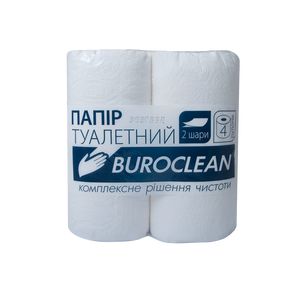 Папір туалетний целюлозний "Buroclean", 4 рулони, на гільзі, двошаровий, білий